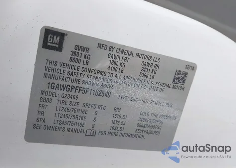 2015 Chevrolet Express 2500 Ls z USA, uszkodzony, nr VIN 1GAWGPFF5F1162549